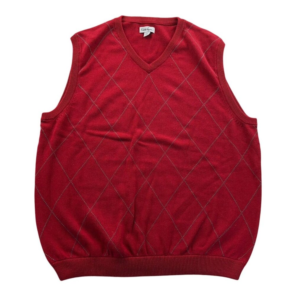 Walter Hagen Mens Vest Sweater XL Red Knit Argyle V-Neck Pullover Cotton Casual